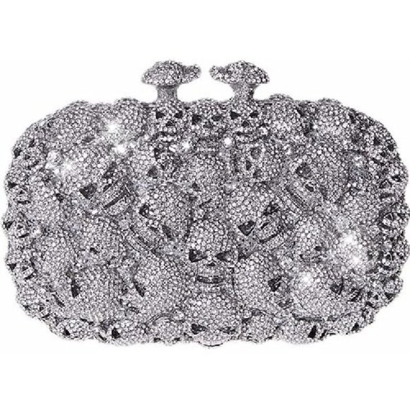 NEW Sparkling Bling Crystal Rhinestone Skull Clutch Purse Silver Gold +F… - Picture 9 of 11